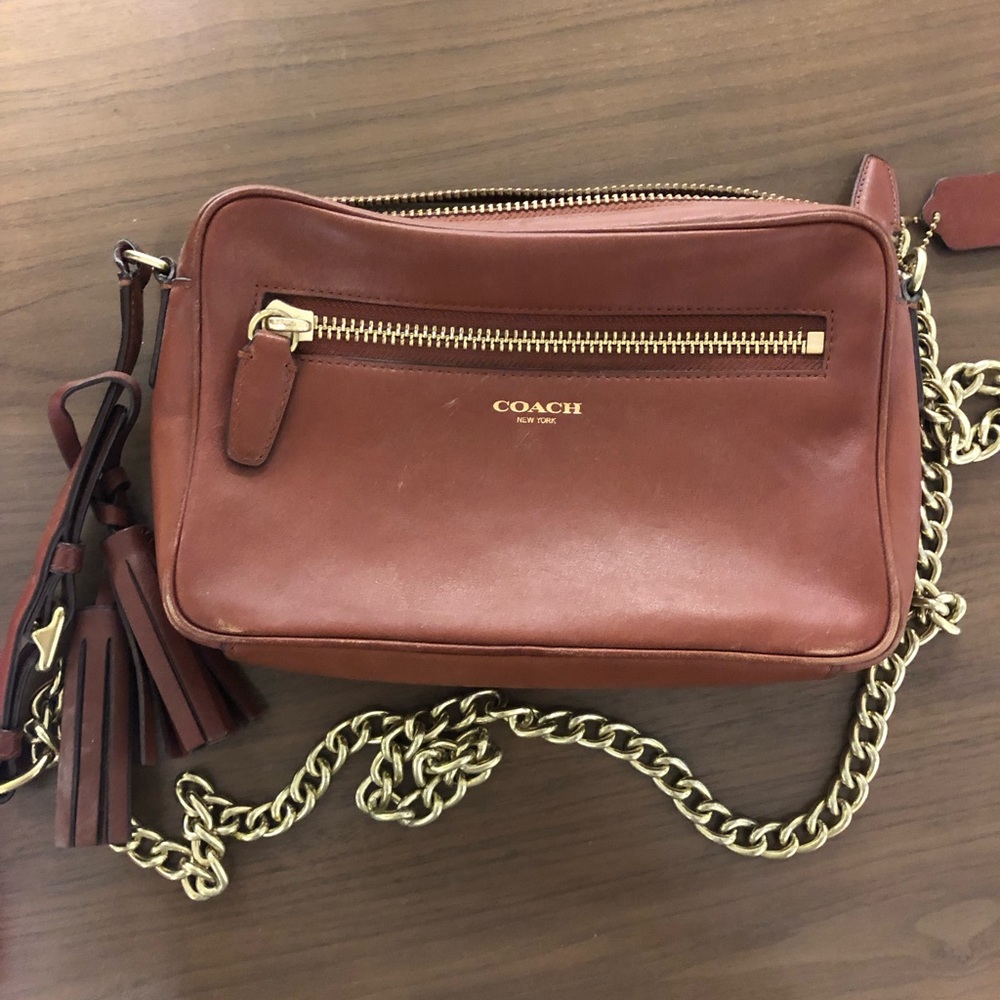 Brown Leather Coach Crossbody with Gold Chain